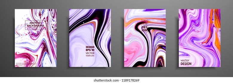 Set of universal vector cards. Liquid marble texture. Colorful design for invitation, placard, brochure, poster, banner, flyer. Artistic covers design. Creative fluid colors backgrounds