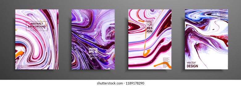 Set of universal vector cards. Liquid marble texture. Colorful design for invitation, placard, brochure, poster, banner, flyer. Artistic covers design. Creative fluid colors backgrounds