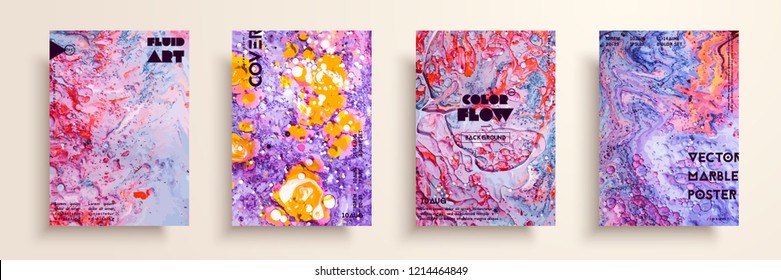 Set of universal vector cards. Liquid marble texture. Colorful design for invitation, placard, brochure, poster, banner, flyer. Artistic covers design. Creative fluid colors backgrounds
