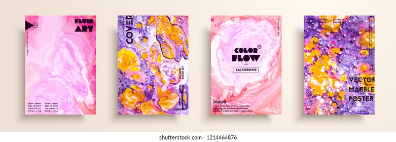 Set of universal vector cards. Liquid marble texture. Colorful design for invitation, placard, brochure, poster, banner, flyer. Artistic covers design. Creative fluid colors backgrounds