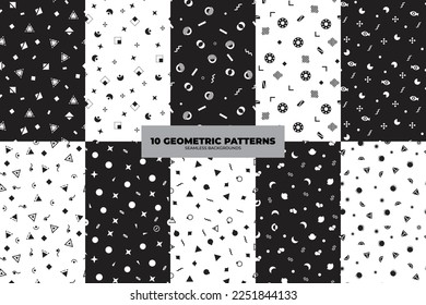 Conjunto de patrones de moda vectorial universal geométricos sin costura. Elementos planos de moda en blanco, negro, memphis. Para paquete, papel pintado, textil, su diseño. Ilustración del vector