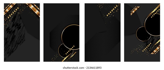 Set of universal vector illustration of happy new year or wedding invitations gold and black collors place for text christmas balls star champagne glass flayer brochure