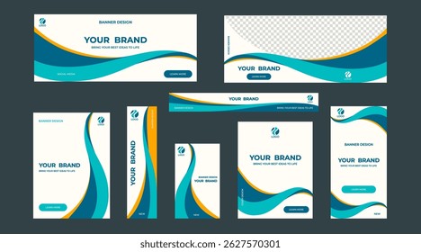 Set of universal web banner templates with abstract waves in blue and yellow colors. For advertising, covers, presentations, business cards and more. Just add your image and text.	