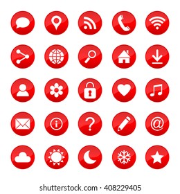 Set of universal web icons for media, communication, business, mobile and  meteorology. Collection of different elements on red circle buttons. Vector illustration.