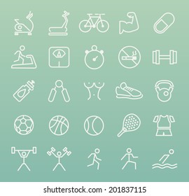 Set of Universal White Minimal Simple Fitness White Thin Line Icons on Color Background.