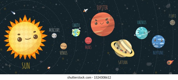 Set of Universe, The Colorful Solar System. Planet and space element on universe background. Vector illustration in cartoon style.