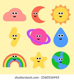 A set of universe element shapes with cute cartoon character shapes.