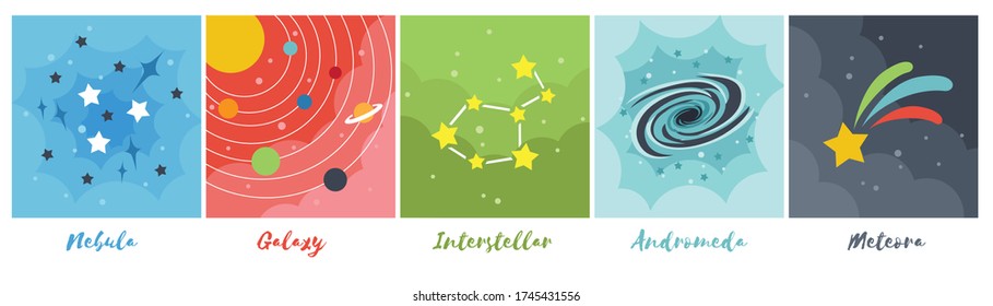 Set of Universe Icons Illustration, Andromeda, Galaxy, Meteor, Interstellar, Nebula - Vector