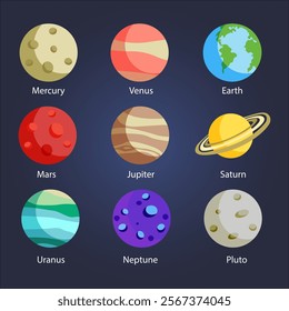 Set of Universe, Solar system planet and space element on universe background. Vector illustration in cartoon style.