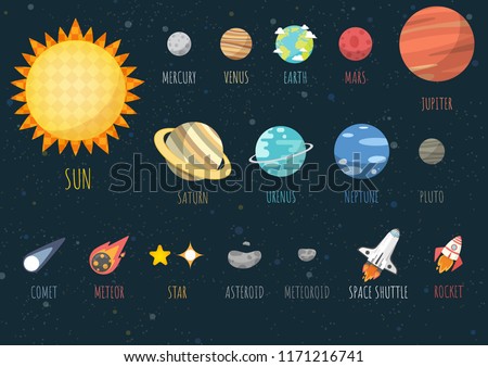 Set of Universe, Solar system planet and space element on universe background. Vector illustration in cartoon style.