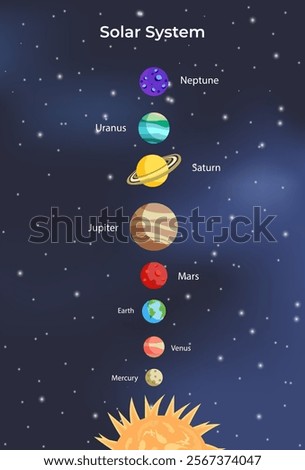 Set of Universe, Solar system planet and space element on universe background. Vector illustration in cartoon style.