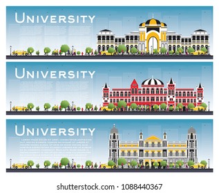 Set of University Campus Study Banners. Vector Illustration. Students Go to the Main Building of University. Skyline with Blue Sky and Green Tree. Banner with Copy Space.