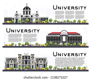 Set of University Campus Study Banners Isolated on White. Vector Illustration. Students Go to the Main Building of University. Skyline with Green Tree. Banner with Copy Space.