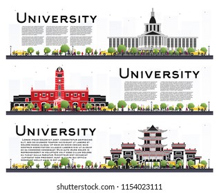 Set of University Campus Study Banners Isolated on White. Vector Illustration. Students Go to the Main Building of University. Skyline with Green Tree. Banner with Copy Space.