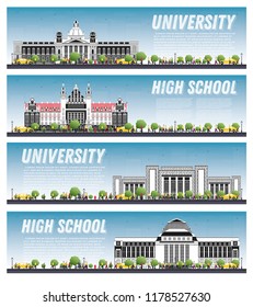 Set of University Campus Study Banners. Vector Illustration. Students Go to the Main Building of University. Skyline with Blue Sky and Green Tree. Banner with Copy Space.