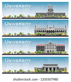 Set of University Campus Study Banners. Vector Illustration. Students Go to the Main Building of University. Skyline with Blue Sky and Green Tree. Banner with Copy Space.