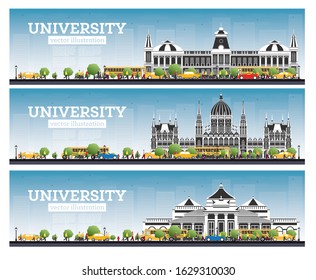 Set of University Campus Study Banners. Vector Illustration. Students Go to the Main Building of University. Skyline with Blue Sky and Green Tree. Banner with Copy Space.
