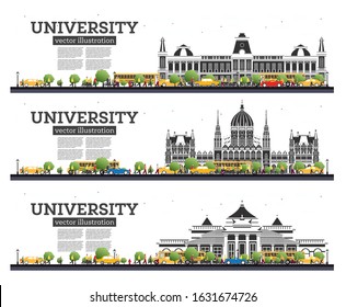 Banderas de estudio universitario aisladas en blanco. Ilustración vectorial. Los estudiantes van al edificio principal de la universidad. Línea aérea con árbol verde. Cartel con espacio de copia.