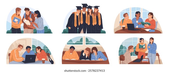 Set of university or collage student life clipart. Vector image for homework and study, lesson with notebook and graduation, teamwork and lecture, exam. Campus and dorm, classroom. Education graduate.