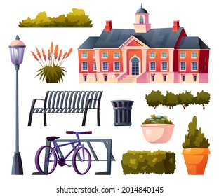 Set of university or college building elements isolated icons. Vector high school institution structure, decorative plants in flower pots, bench and waste bin. Lantern and bushes, bicycles parking