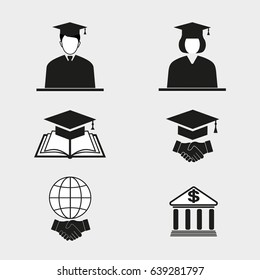 Set of university graduates icons on a gray background