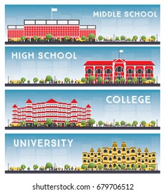 Set of University, High School and College Study Banners. Vector Illustration. Students Go to the Main Building of University. Skyline with Blue Sky and Green Tree. Banner with Copy Space.