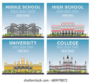 Set of University, High School and College Study Banners. Vector Illustration. Students Go to the Main Building of University. Skyline with Blue Sky and Green Tree. Banner with Copy Space.