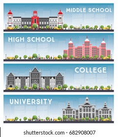 Set of University, High School and College Study Banners. Vector Illustration. Students Go to the Main Building of University. Skyline with Blue Sky and Green Tree. Banner with Copy Space.