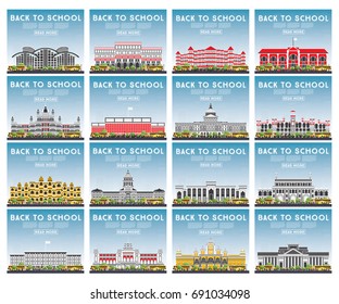 Set of University, High School and College Study Banners. Vector Illustration. Students Go to the Main Building of University. Skyline with Blue Sky and Green Tree. Banner with Copy Space.