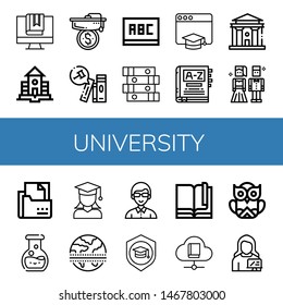 Set of university icons such as Book, School, Mortarboard, Books, Blackboard, Education, Dictionary, Courthouse, Prom night, Curriculum, Chemistry, Graduate, Equator , university