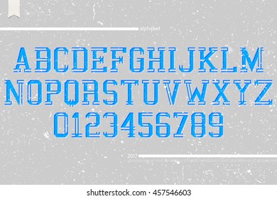 set of university sports style alphabet letters and numbers on grunge paper background. vector, dynamic font type design. team title concept typesetting. campus sport competition typeface