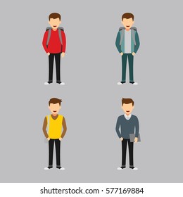 Set of University Students Character Design Vector.