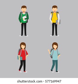 Set of University Students Character Design Vector.