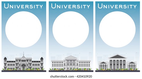 Set of university study banners with copy space. Vector illustration. Students go to the gray building. University with blue sky. Banner with copy space. 