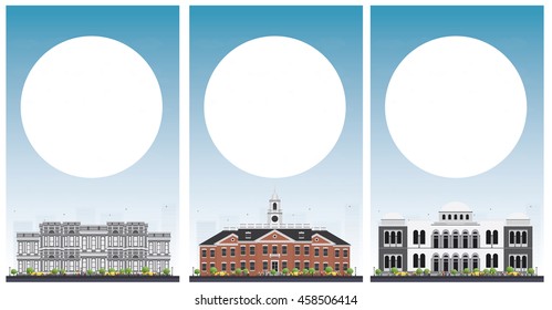 Set of university study banners with copy space. Vector illustration. Students go to the gray building. University with blue sky. Banner with copy space.