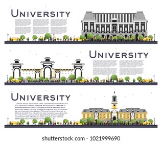 Set of University Study Banners Isolated on White. Vector Illustration. Students Go to the Main Building of University. Skyline with Green Tree. Banner with Copy Space.