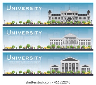 Set of university study banners. Vector illustration. Students go to the gray building. University with blue sky and green tree. Banner with copy space.