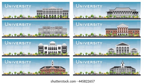 Set of university study banners. Vector illustration. Students go to the main building. Skyline with blue sky and green tree. Banner with copy space.