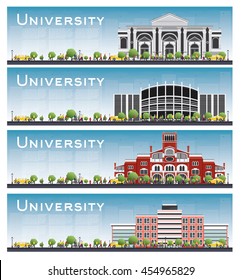 Set of university study banners. Vector illustration. Students go to the main building of university. Skyline with blue sky and green tree. Banner with copy space.