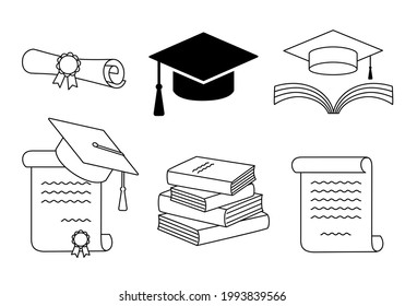 Set of  University web icon. Diploma Degree. Symbol of knowledge, wisdom, learning. Graduation diploma and cap with tassel or mortarboard. Black outlines isolated on a white background. Vector.