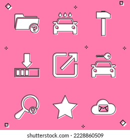 Set Unknown directory, Car wash, Hammer, Loading, Open new window and rental icon. Vector