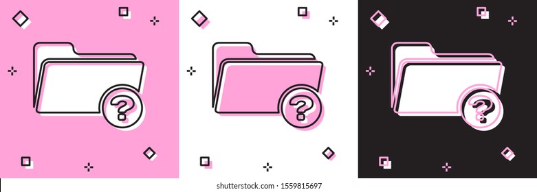 Set Unknown directory icon isolated on pink and white, black background. Magnifying glass and folder.  Vector Illustration