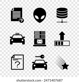 Set Unknown document, Alien, Server, Data, Web Hosting, , Car rental and Falling star icon. Vector