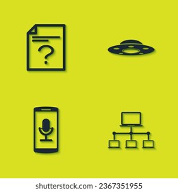 Set Unknown document, Computer network, Mobile recording and UFO flying spaceship icon. Vector