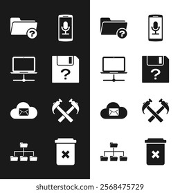 Set Unknown document, Computer network, directory, Mobile recording, Cloud mail server and Two crossed hammers icon. Vector