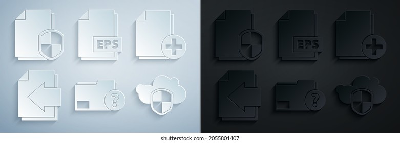 Set Unknown document folder, Add new file, Next page arrow, Cloud and shield, EPS and Document protection concept icon. Vector