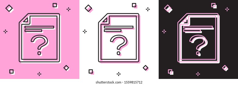 Set Unknown document icon isolated on pink and white, black background. File with Question mark. Hold report, service and global search sign.  Vector Illustration