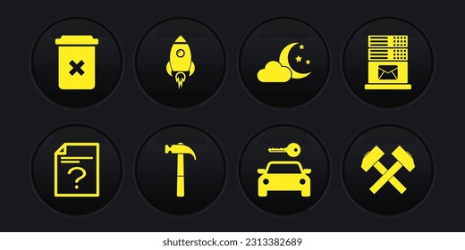 Set Unknown document, Mail server, Hammer, Car rental, Cloud with moon and stars and Rocket ship fire icon. Vector