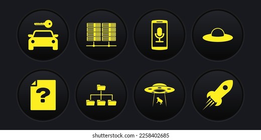 Set Unknown document, UFO flying spaceship, Folder tree, abducts cow, Mobile recording and Server, Data, Web Hosting icon. Vector