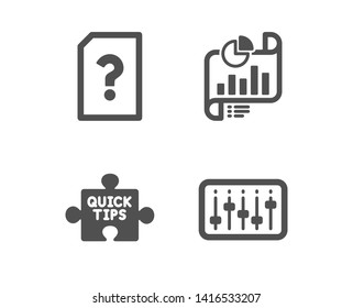 Set of Unknown file, Report document and Quick tips icons. Dj controller sign. Doc with question mark, Growth chart, Tutorials. Musical device.  Classic design unknown file icon. Flat design. Vector
